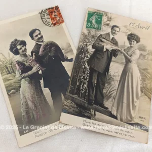Lot 2 cartes postales anciennes Couple 1er Avril